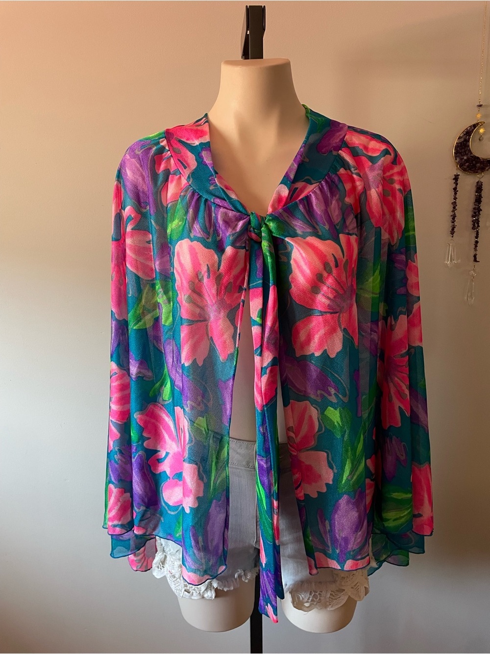 80s Vintage Oscar Del La Renta Swim Coverup Floral Cape Tropical One Size